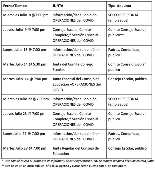 Virtual Meeting Schedule (Spanish)